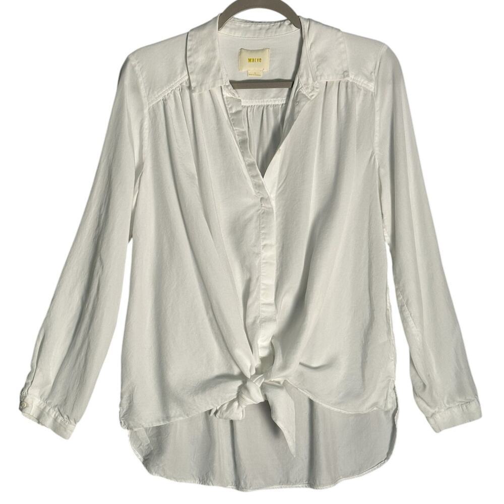 Maeve Anthropologie Sz‎ S Tie Front White Button Up Shirt High Low Hem Collared